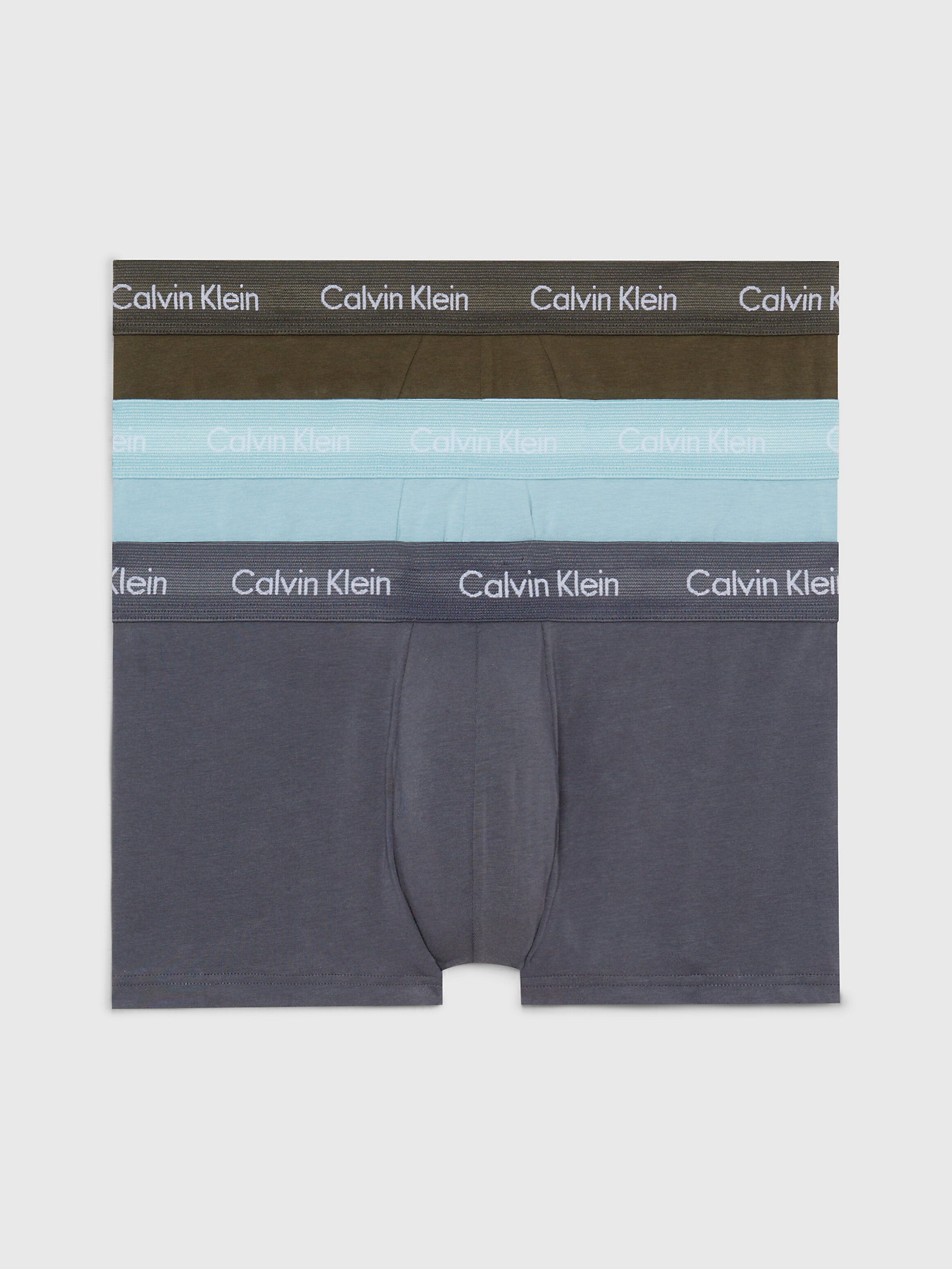 Sleek Grey/ Tourmaline/ Olive 3 Pack Low Rise Trunks - Cotton Stretch undefined men Calvin Klein
