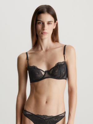 Women's Semi-Sheer Lace Bralette with Scalloped Edges - Black