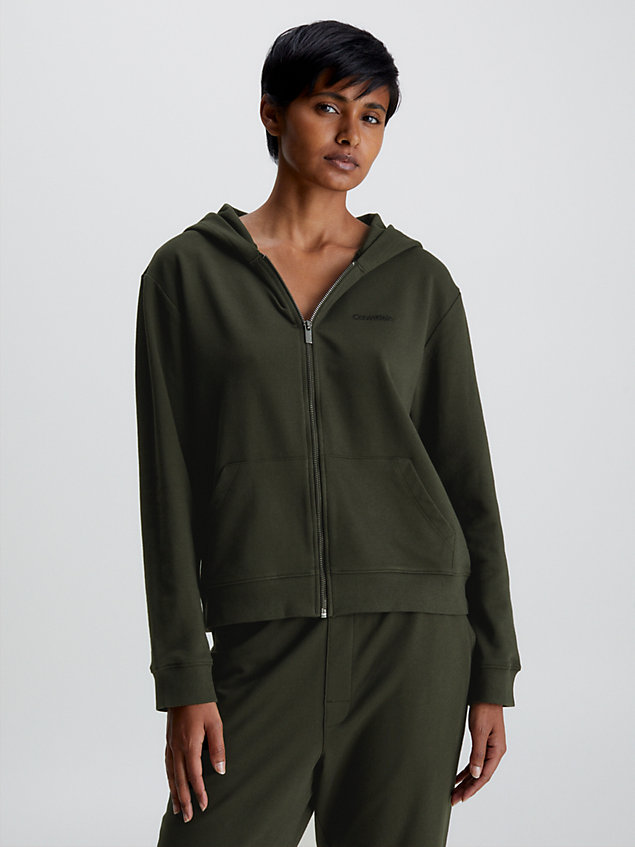 sweat-shirt à capuche d’intérieur zippé - modern cotton green pour femmes calvin klein