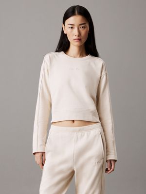 beige cotton fleece lounge sweatshirt for women calvin klein