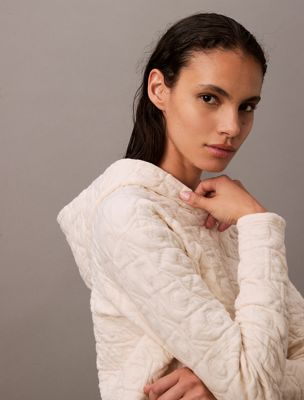 ivory pikowana bluza z kapturem po domu z logo dla kobiety - calvin klein