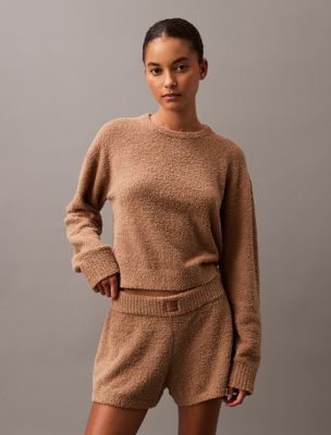 pull d'intérieur en maille pelucheuse brown pour femmes calvin klein