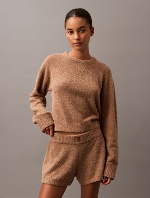 truffle brown plush knit lounge jumper for women calvin klein