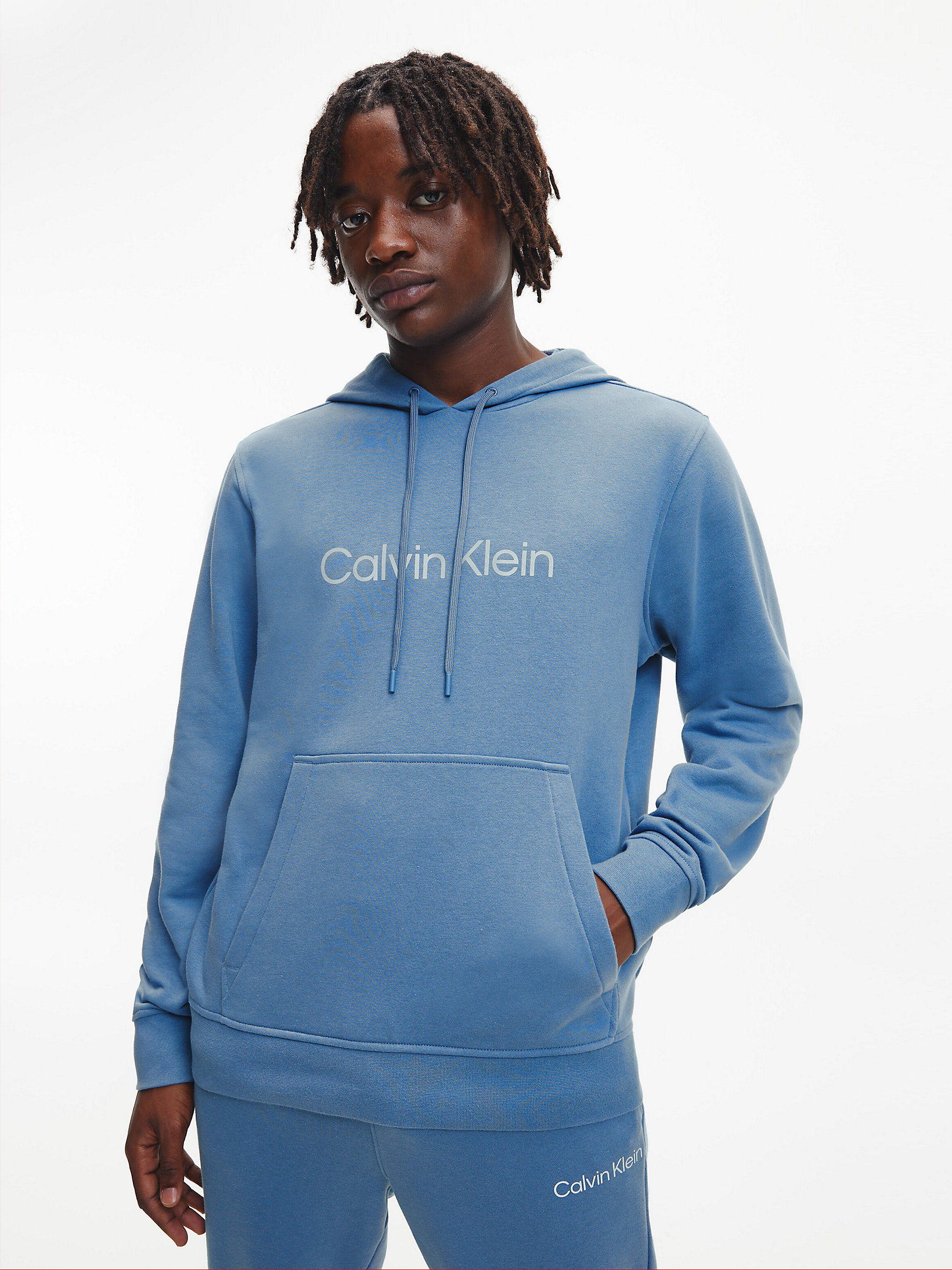 Copen Blue Cotton Terry Logo Hoodie undefined men Calvin Klein