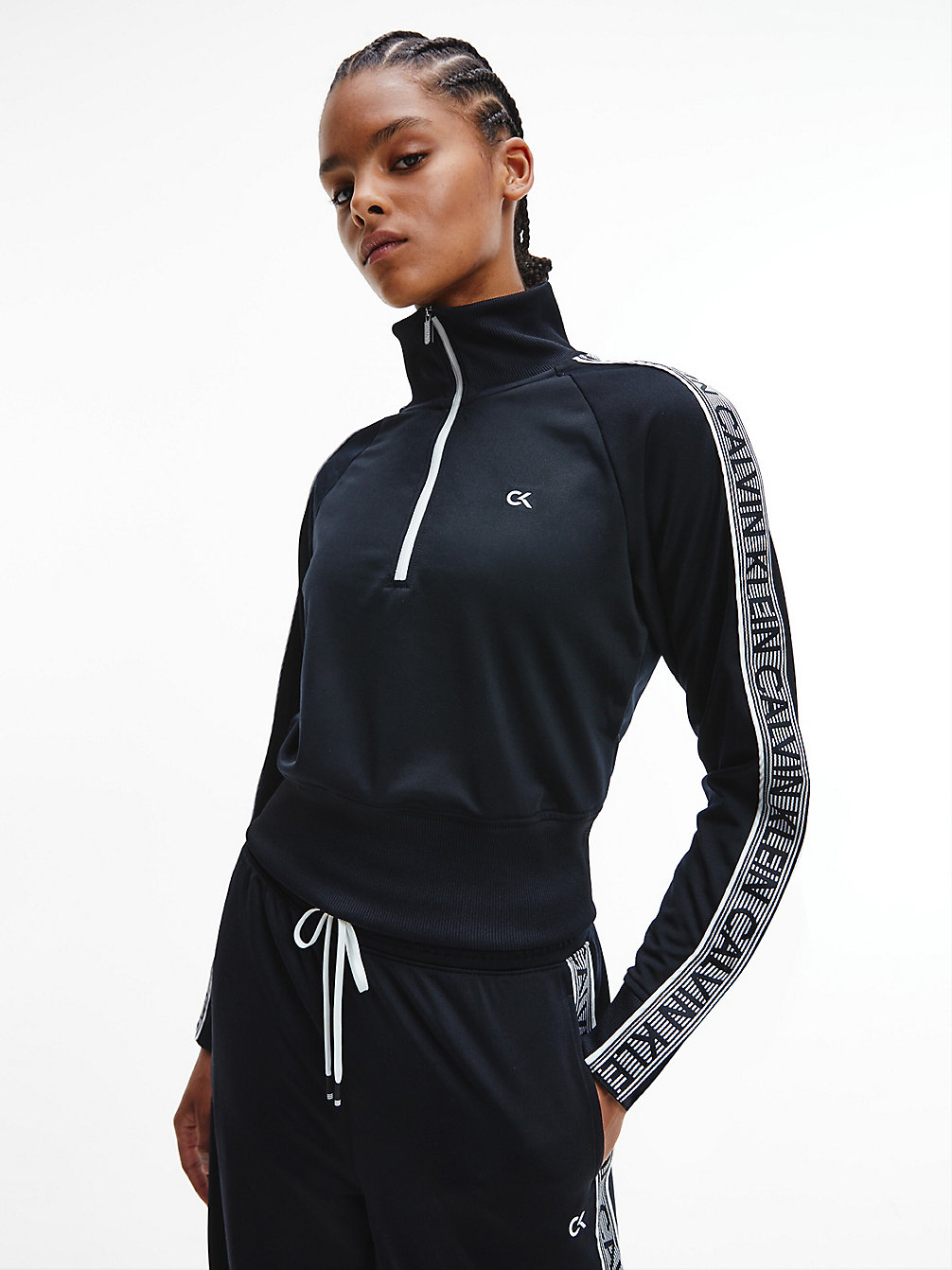 CK BLACK/BRIGHT WHITE Logo Tape Zip Neck Sweatshirt undefined women Calvin Klein