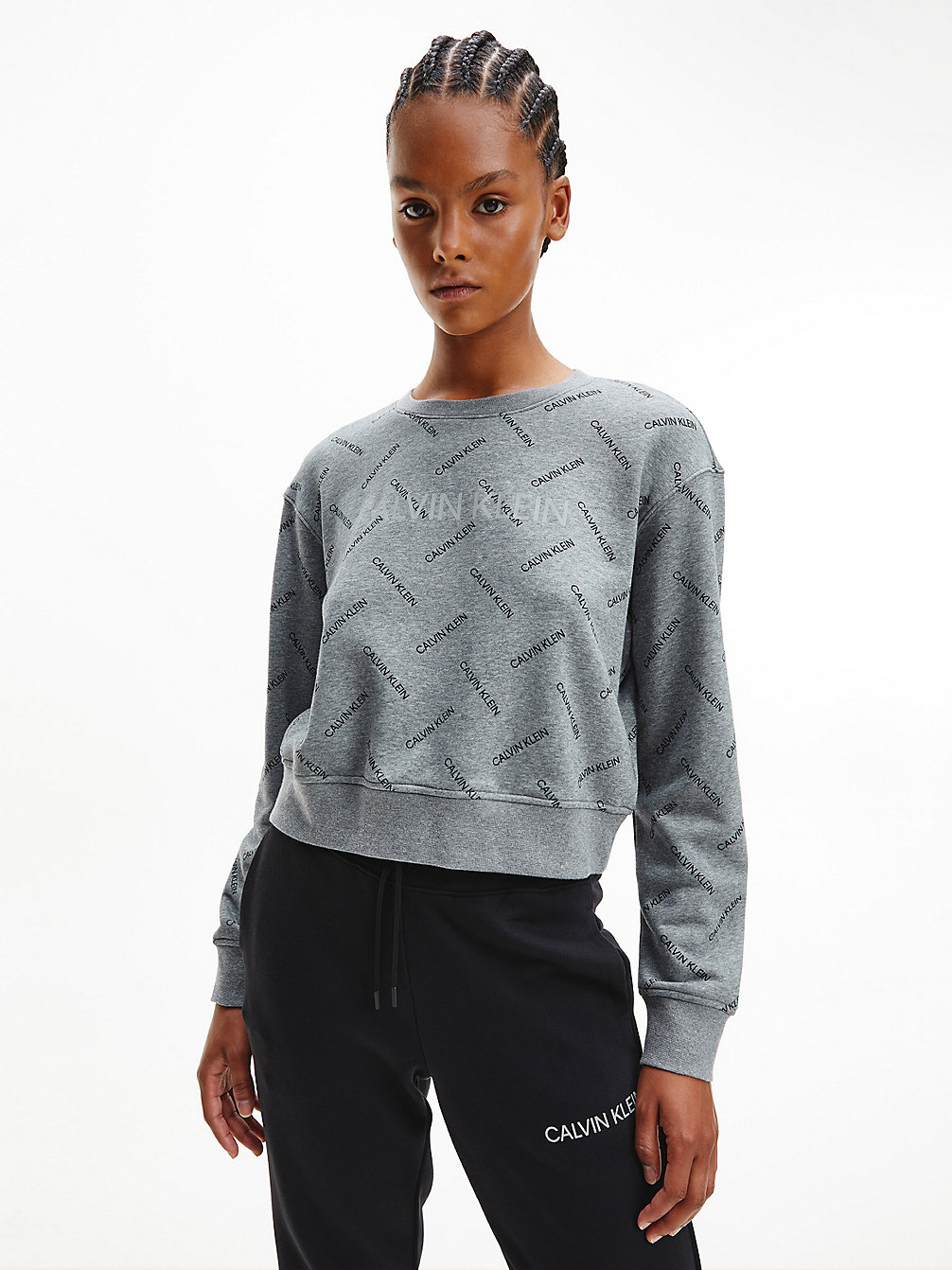 AOP HEATHER GREY/CK BLACK Cropped Sweatshirt Met All-Over Logo undefined dames Calvin Klein