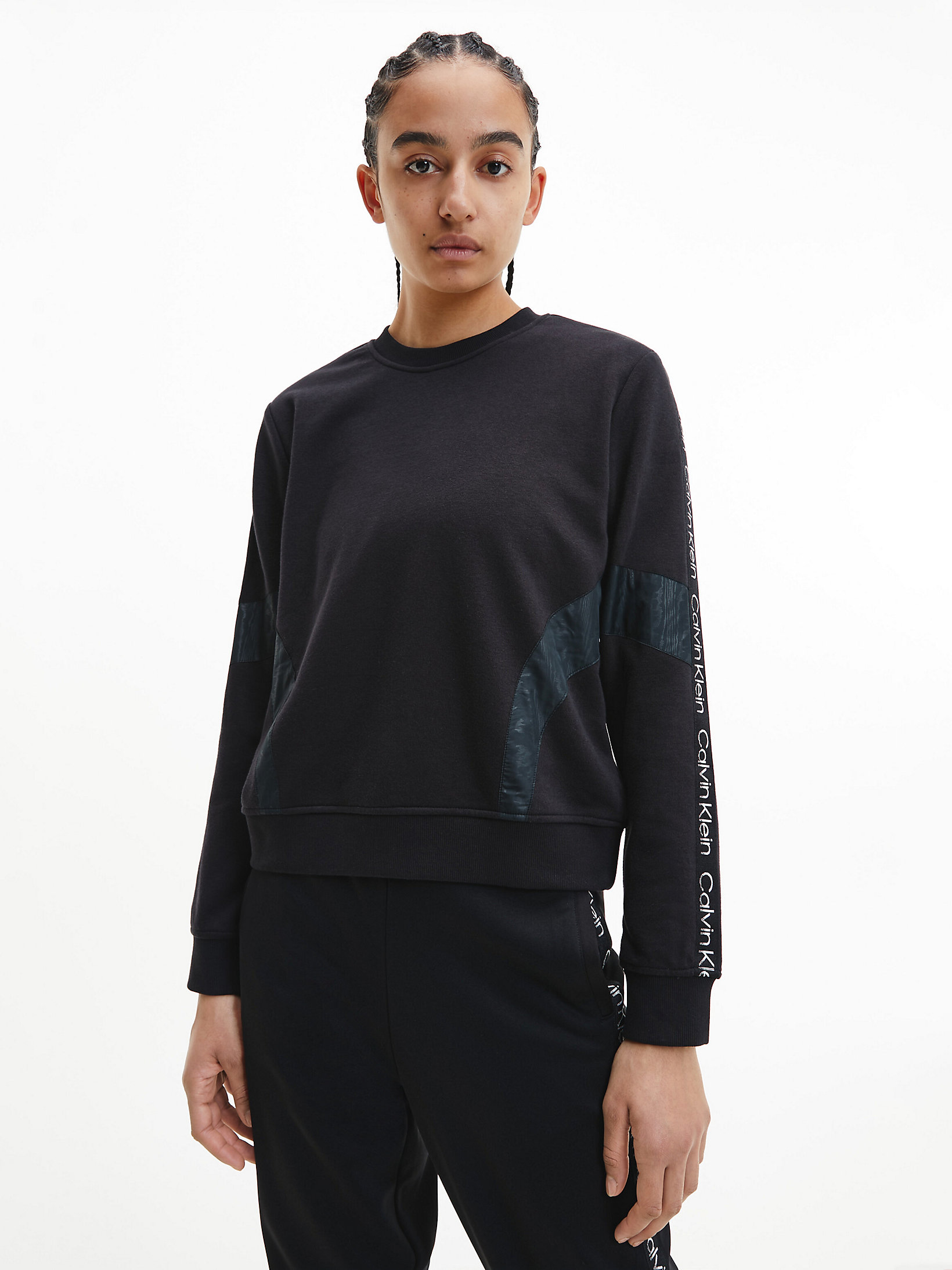 CK Black W/ Moire Print Trim Cotton Terry Logo Sweatshirt undefined women Calvin Klein