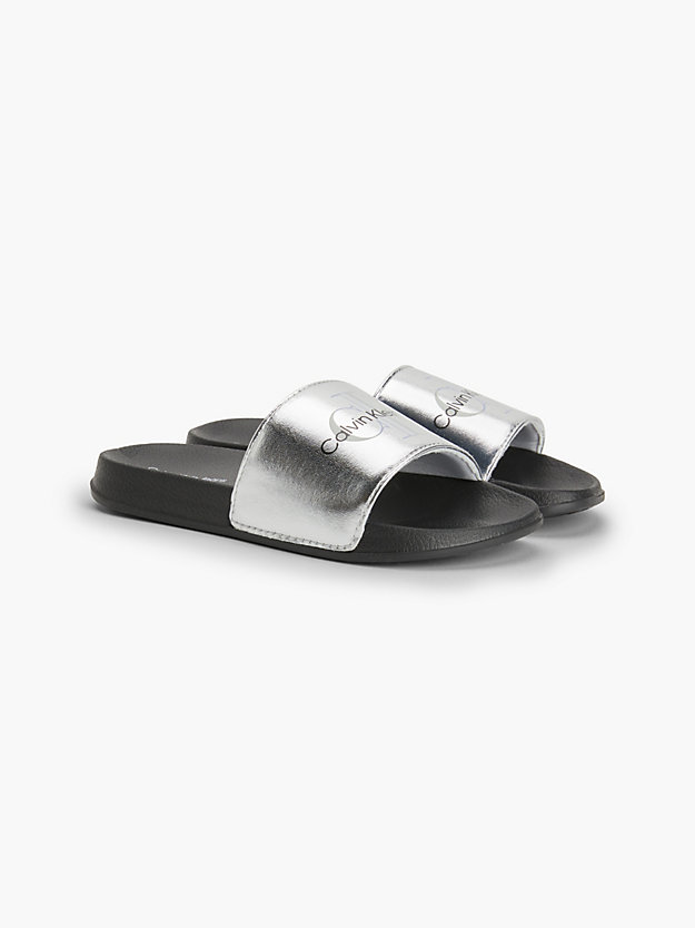 SILVER Faux Leather Kids Sliders for girls CALVIN KLEIN JEANS