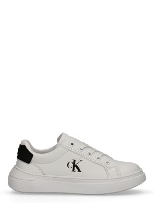 white kids signature logo trainers for kids gender inclusive 