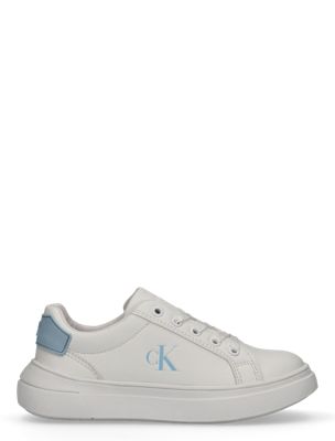 white kids signature logo trainers for kids gender inclusive 