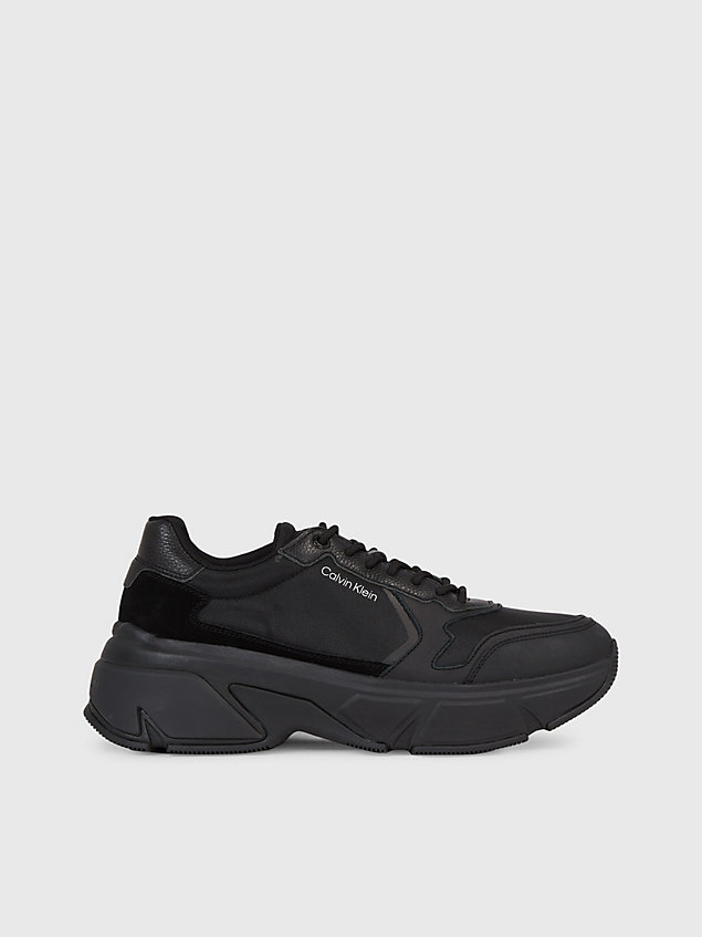 black leather chunky trainers for men calvin klein