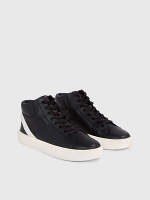 Mens black leather store high top trainers