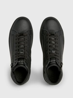 triple black leather high-top trainers for men calvin klein