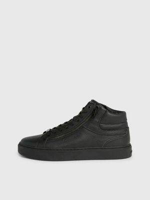 triple black leather high-top trainers for men calvin klein