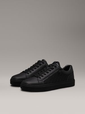 triple black mono leather logo trainers for men calvin klein