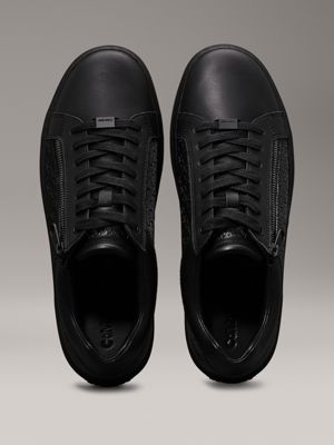 triple black mono leather logo trainers for men calvin klein