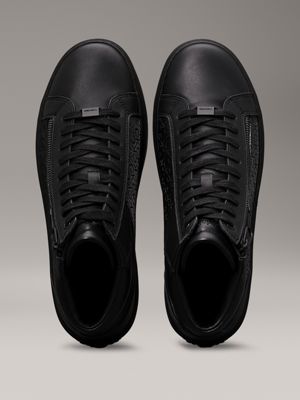 triple black mono leather high-top logo trainers for men calvin klein