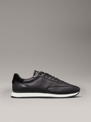 black leather low profile trainers for men calvin klein