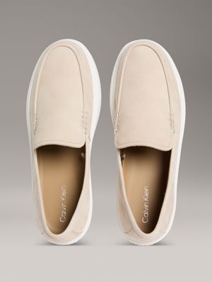 stony beige/bright white leather hybrid moccasins for men calvin klein