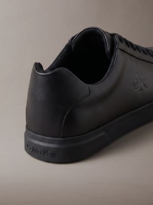 triple black leather signature logo trainers for men calvin klein