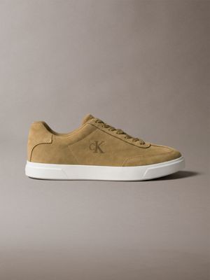 brown suede signature logo trainers for men calvin klein