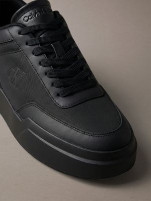 triple black leather durable traction chunky trainers for men calvin klein