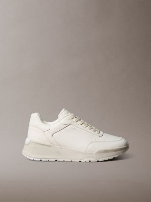 white leather chunky dad trainers for men calvin klein