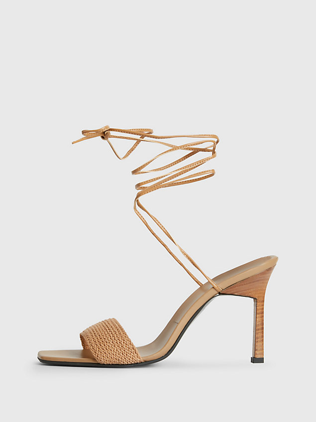 khaki rafia heeled sandals for women calvin klein