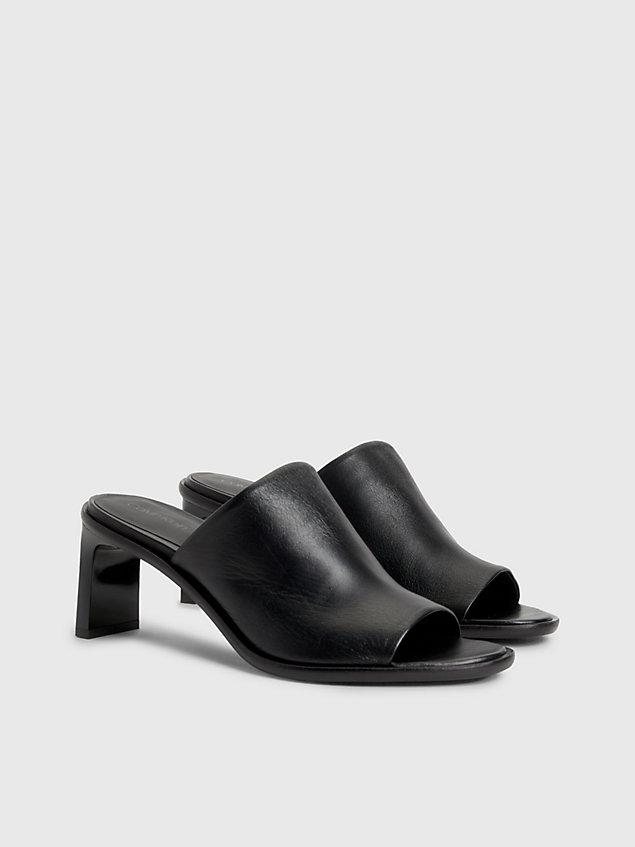 black leather heeled mule sandals for women calvin klein
