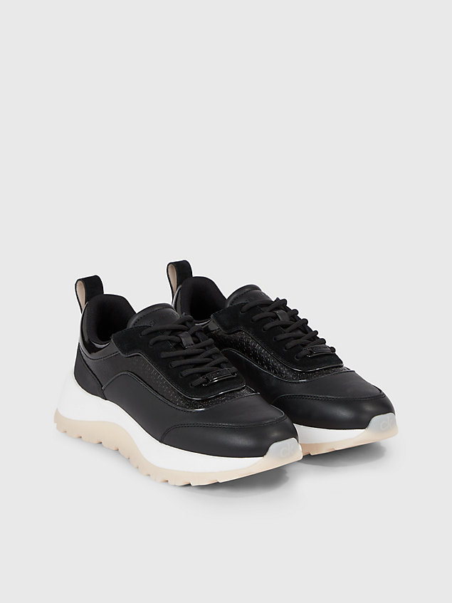 black leather logo trainers for women calvin klein