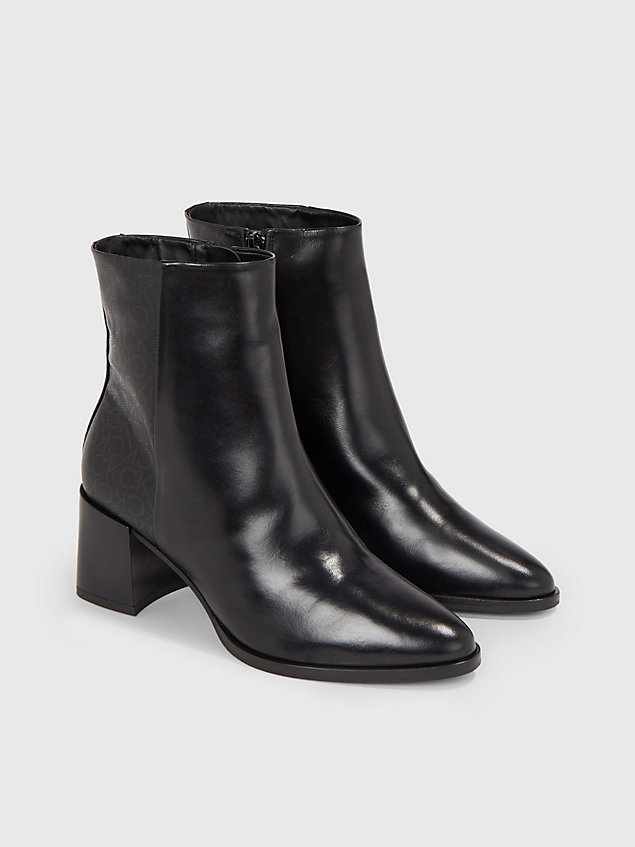 black leather heeled ankle logo boots for women calvin klein