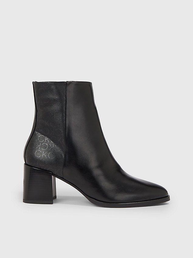 black ankle-logo-boots mit absatz aus leder für damen - calvin klein