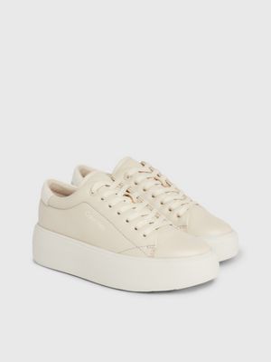 stony beige/dk ecru leather platform trainers for women calvin klein