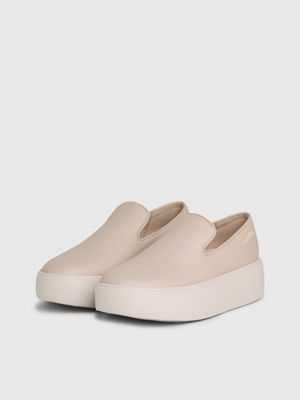 stony beige/dk ecru leather platform slip-on shoes for women calvin klein