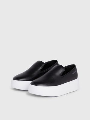 black leather platform slip-on shoes for women calvin klein