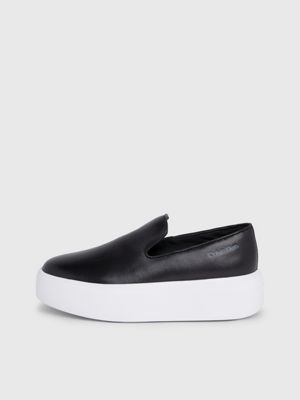 black leather platform slip-on shoes for women calvin klein