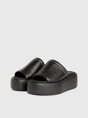 black leather platform wedge sandals for women calvin klein