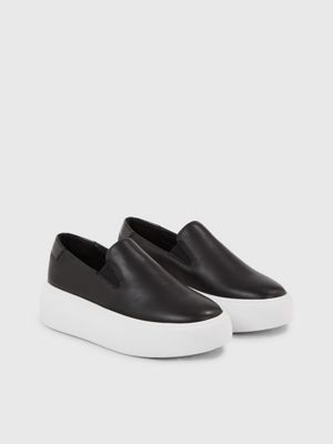 Black leather platform sales slip ons