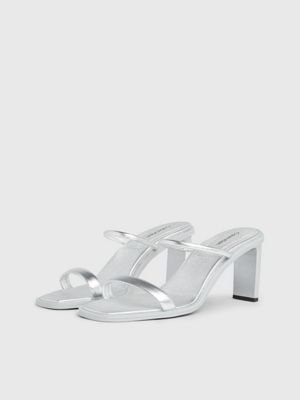 silver metallic leather stiletto sandals for women calvin klein