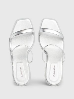 silver metallic leather stiletto sandals for women calvin klein