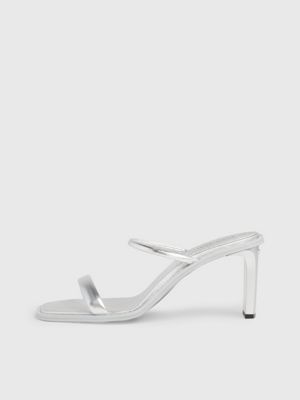 silver metallic leather stiletto sandals for women calvin klein