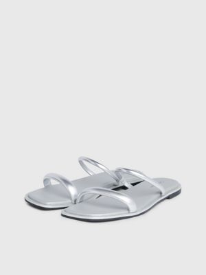 silver metallic leather sandals for women calvin klein