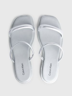 silver metallic leather sandals for women calvin klein