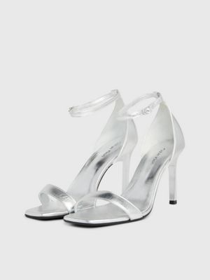 silver metallic leather stiletto sandals for women calvin klein