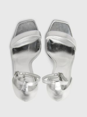 silver metallic leather stiletto sandals for women calvin klein