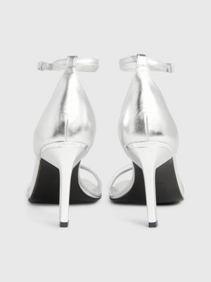 silver metallic leather stiletto sandals for women calvin klein