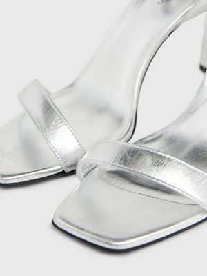 silver metallic leather stiletto sandals for women calvin klein