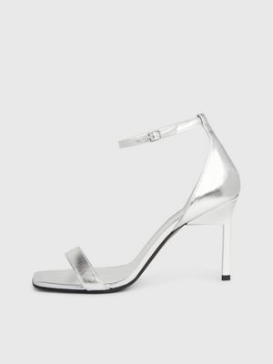 silver metallic leather stiletto sandals for women calvin klein