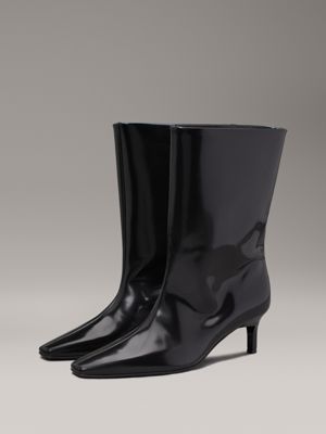 ck black leather square toe heeled boots for women calvin klein