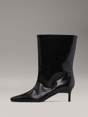 ck black leather square toe heeled boots for women calvin klein